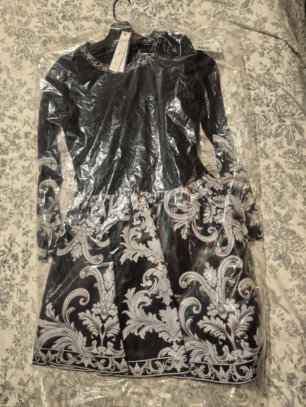 Alice + Olivia Black Mini Dress with White Baroque Print